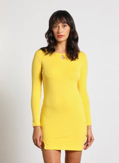 Buy Women's Casul Keyhole Neck Long Sleeve Bodycon Mini Knit Dress Yellow in UAE