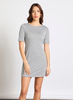 Buy Women's Casual Horizontal Stripes Half Sleeve Knee Length Knit Dress With Waist Tie Grey Stripe/White in UAE