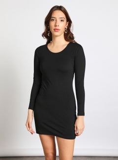 Buy Women's Casual Round Neck Long Sleeve Body Fit Midi Knit Dress Black in Saudi Arabia