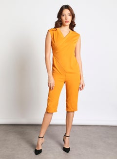 Buy Women's Sleeveless Tie Detail Tailored Wrap Jumpsuit With Waist Tie Mustard in UAE