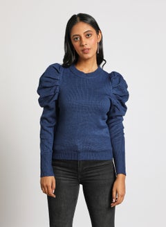 Buy Crew neck puff sleeve solid sweater Navy Blue in UAE