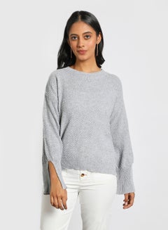 Buy Solid drop shoulder sleeve split sweater Grey in UAE