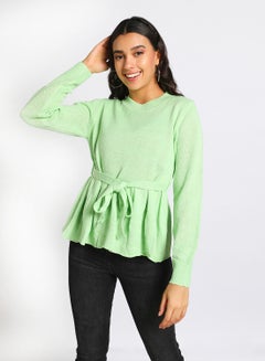 Buy Round neck self tie peplum sweater Mint Green in UAE