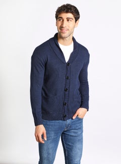 Buy Men's Knitted Solid Button Detailed Wide Collar Full Sleeves Cardigans For Winters Blue in Saudi Arabia