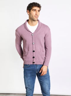 Buy Men's Knitted Solid Button Detailed Wide Collar Full Sleeves Cardigans For Winters Light Purple in Saudi Arabia