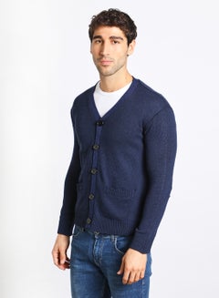 Buy Men's Solid Button Detailed Wide Collar Full Sleeves Cardigans For Winter With Two Pocket Dark Blue in Saudi Arabia