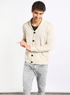 Buy Men's Knitted Solid Button Detailed Wide Collar Full Sleeves Cardigans For Winters Beige in Saudi Arabia