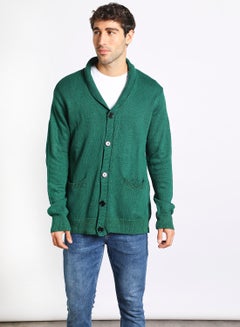 Buy Men's Knitted Solid Button Detailed Wide Collar Full Sleeves Cardigans For Winters Dark Green in Saudi Arabia