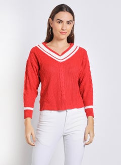 Buy Women V-Neck Color Block Sweater Red in UAE