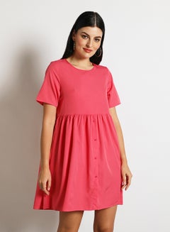 Buy Women'S Casual Midi Short Sleeve Plain Basic Dress Pink in Saudi Arabia