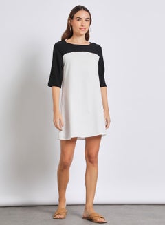 Buy Women'S Casual Knee Length Half Sleeve Contrast Dress Black/White in UAE