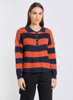 Buy Women's Contrast Color Cross Stripe Sweater Orange/Blue in Saudi Arabia