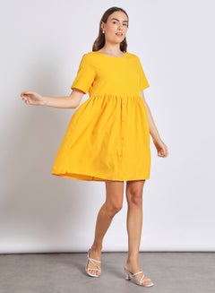 Buy Women'S Casual Knee Length Short Sleeve Plain Basic Dress Yellow in Saudi Arabia