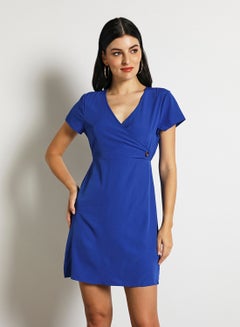 Buy Women'S Casual Knee Length Short Sleeve Slim Fit Dress Blue in UAE