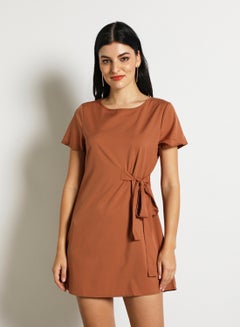 Buy Women'S Casual Mini Short Sleeve Plain Basic Dress With Belt Brown in UAE