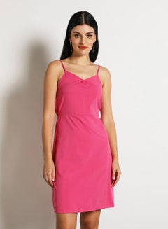 Buy Women'S Casual Knee Length Straps Floral/Plain Basic Dress Pink in Saudi Arabia