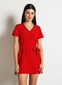 اشتري فستان كاجوال أساسي قصير بأكمام قصيرة وتصميم سادة للنساء احمر في السعودية