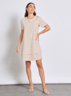 Buy Women'S Casual Knee Length Short Sleeve Plain Basic Dress Apricot in Saudi Arabia