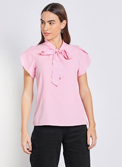 Buy Women'S Casual Short Sleeve Solid Blouse Pink in Saudi Arabia