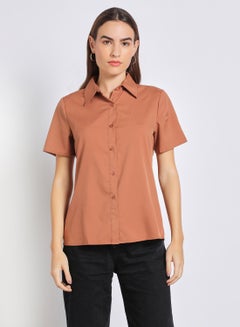 Buy Women'S Casual Short Sleeve Solid Blouse Brown in UAE