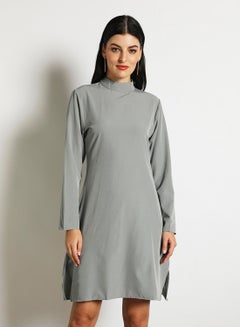 Buy Women'S Casual Midi Long Sleeve  Solid Dress Grey in UAE