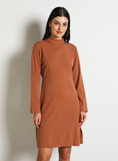 Buy Women'S Casual Midi Long Sleeve  Solid Dress Brown in UAE