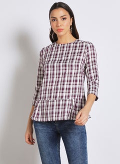 Buy Women's Casual Three-Quarter Sleeve Polyester Blend Tops With Round Neck Checkered Pettern With Back Zipper Multicolour in UAE