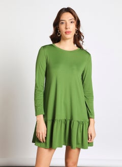 Buy Women's Casual Round Neck Long Sleeve Ruffles Hem Knee Length Dress Olive in UAE