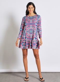 Buy Women's Casual Round Neck Long Sleeve Ruffles Hem Knee Length Dress Multicolour in UAE
