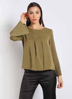 Buy Women's Casual Round Neck Long Pleated Sleeve Top Green in Saudi Arabia