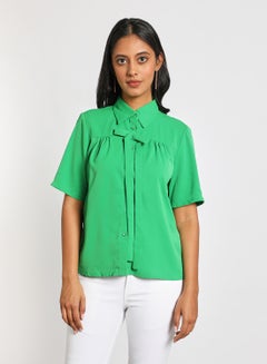 Buy Women's Casual Short Sleeve Front Tie Collar Tops With Chest Pleat Green in UAE