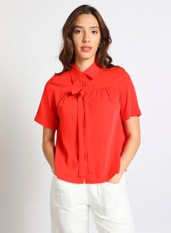 Buy Women's Casual Short Sleeve Front Tie Collar Tops With Chest Pleat Red in UAE