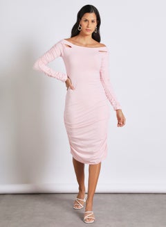 Buy Party Wrap Long Sleeve Cold Shoulder Knee Length Dress 137 Pink in UAE