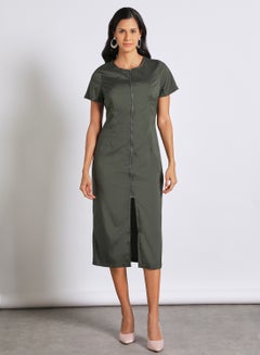 Buy Casual Short Sleeve Front Slit Midi Dress 73 Olive in UAE