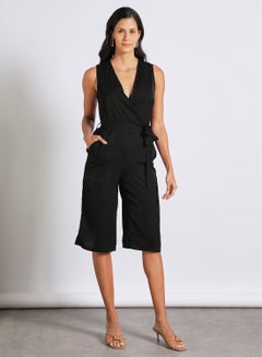 Buy Women's Sleeveless Tailored Wrap Jumpsuit With Waist Tie And Back Zipper Black in Saudi Arabia