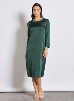 Buy Women's Casual Round Neck Long Sleeve Midi Solid Dress Green in UAE