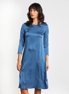 Buy Women's Casual Round Neck Long Sleeve Midi Solid Dress Navy Blue in Saudi Arabia