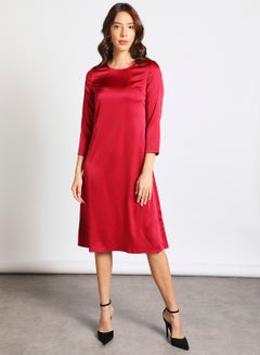 Buy Women's Casual Round Neck Long Sleeve Midi Solid Dress Red in Saudi Arabia