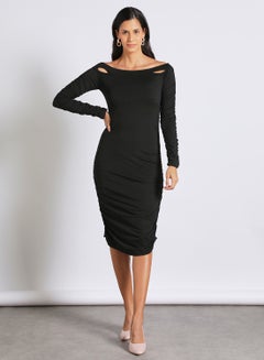 اشتري فستان بأكمام طويلة بتصميم ملتف وأكتاف مكشوفة وطول يصل إلى الركبة للارتداء في الحفلات 3 أسود في السعودية
