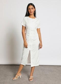 Buy Casual Short Sleeve Front Slit Midi Dress White in UAE