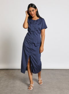 Buy Casual Short Sleeve Front Slit Midi Dress with front zipper 131 Navy in UAE