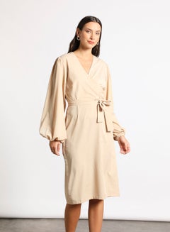 Buy Women's Casual V-Neck Solid Design Long Sleeve Maxi Dress 4-Nude in Saudi Arabia