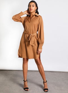 Buy Women's Casual Shirt Collar Solid Design Long Sleeve Midi Dress 1-Camel in Saudi Arabia