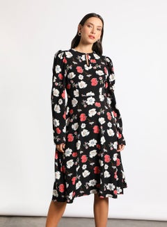اشتري Women's Casual Round Neck Floral Print Long Sleeve Maxi Dress 2-Blackprint/White/Red في السعودية