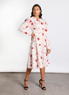 Buy Women's Casual Round Neck Floral Print Long Sleeve Maxi Dress Light Pink/Red in Saudi Arabia