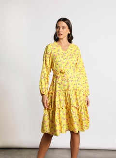 Buy Women's Casual V-Neck Floral Print Long Sleeve Maxi Dress Yellow Floral Print in Saudi Arabia