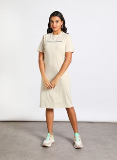 Buy Women's Casual Round Neck Solid Design Short Sleeve Maxi Dress Beige/Black in UAE