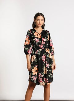 Buy Women's Casual V-Neck Floral Print Long Sleeve Maxi Dress 2-Blackprint/Pink/Orange in Saudi Arabia