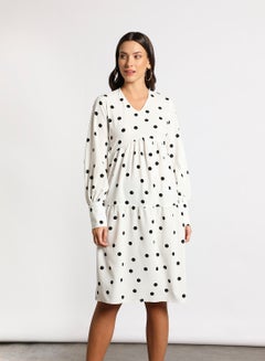 Buy Women's Casual V-Neck Dot Print Long Sleeve Maxi Dress 2-Ivory Aspic/Black in Saudi Arabia