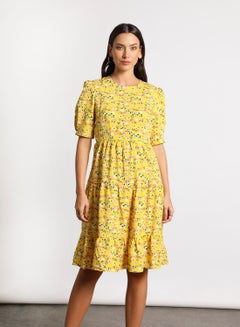 Buy Women's Casual Round Neck Floral Print Half Sleeve Maxi Dress 3-Yellowprt/White/Black in UAE